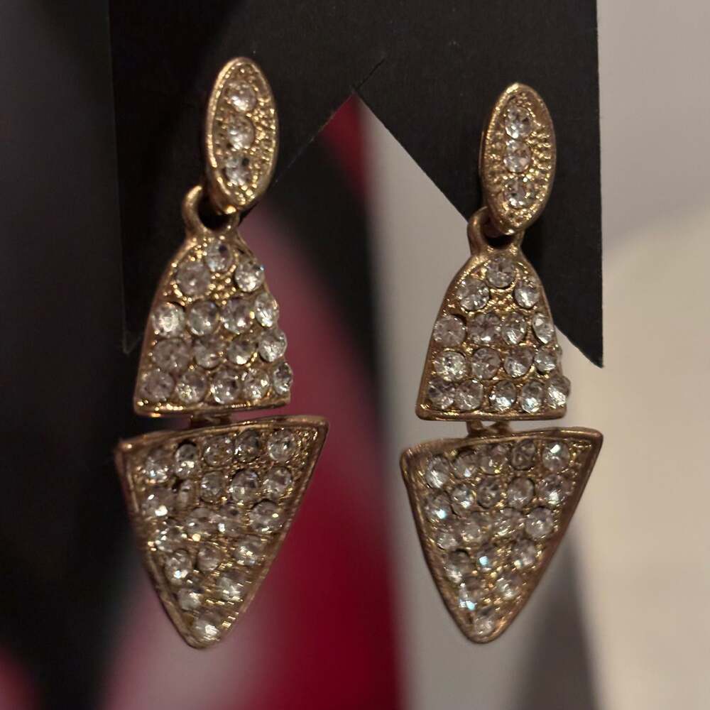 Gold-Tone Geometric Double Triangle Drop Earrings with Pavé Crystals - Picture 2 of 12